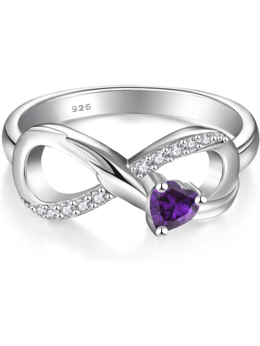 Women's Amythyst Feb 925 Sterling Silver Infinity Promise Angel Wings Heart Ring